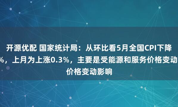 开源优配 国家统计局：从环比看5月全国CPI下降0.1%，上月为上涨0.3%，主要是受能源和服务价格变动影响